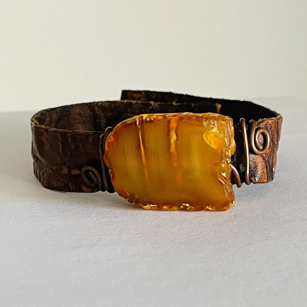 Handmade Amber (?) & Copper Cuff Bracelet